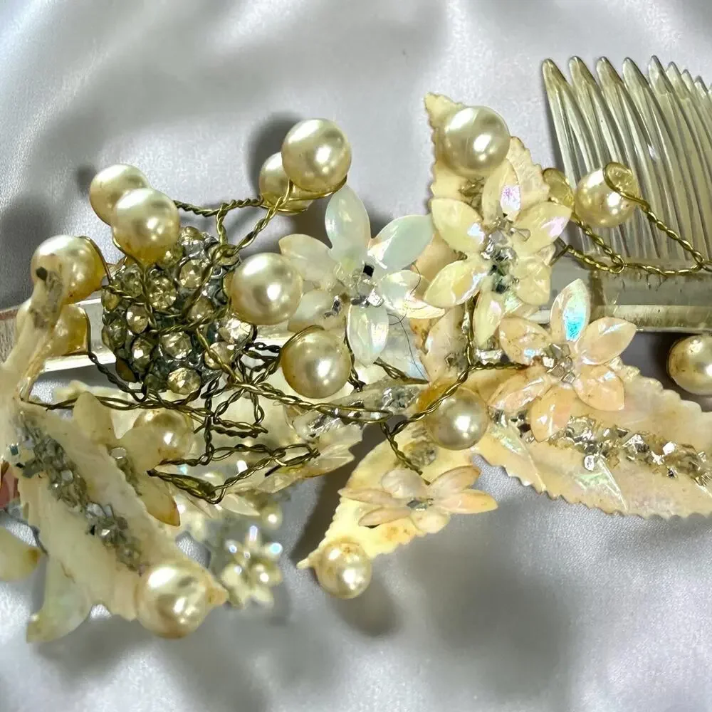 Mid Century Crown Tiara Shell Pearl Floral Headpiece Vintage Wedding MCM Prom